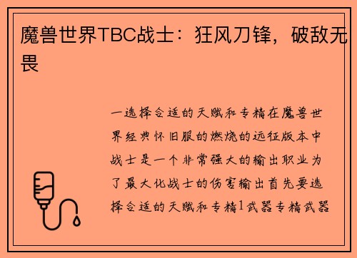 魔兽世界TBC战士：狂风刀锋，破敌无畏